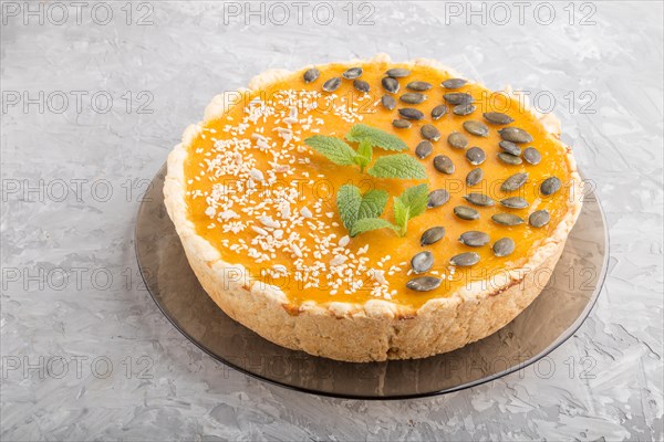 Traditional american sweet pumpkin pie decorated with mint, sesame and pumpkin seeds on a gray concrete background. side view, close up