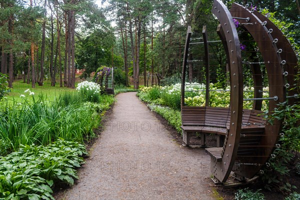 A forest park with large trees and creative benches and arches. Druskinikai, Lithuania, Europe