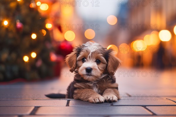 Small dog in city with Christmas decoration. KI generiert, generiert AI generated