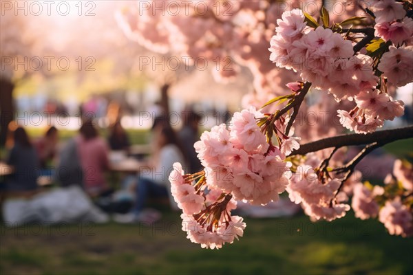 Pink sakura Cherry tree flowers with people gathering on picnic blankets in blurry background during Japanese Hanami festival. KI generiert, generiert AI generated