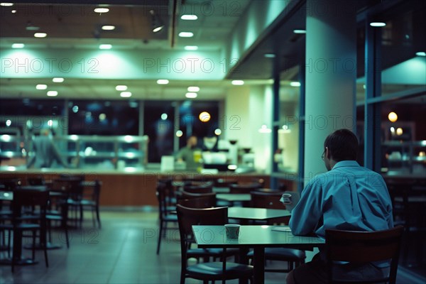 Man alone in a desolate restaurant in an office environment, AI generated