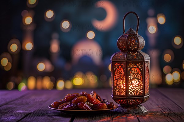 Ramadan lantern with a plate of succulent figs in violet purple tones with mosque and moon, set on an ornate table with intricate designs. Rich traditions and serene moments of the holy month Ramadan, AI generated
