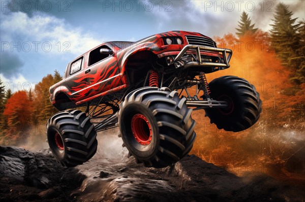 Monster truck driving and jumping outdoors amidst a cloud of dust. Thrill and adrenaline of an outdoor racing event on off-road terrain, AI generated