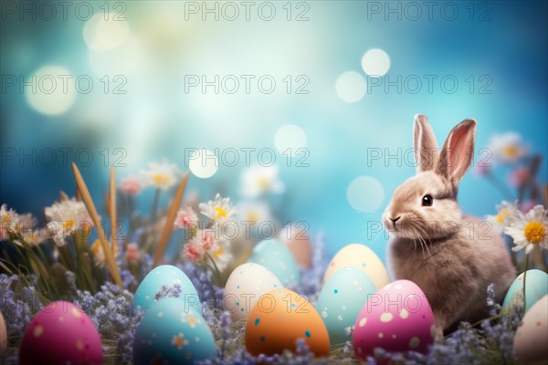 Cute Easter bunny sits beside colorful, decorated eggs amidst a vibrant green field under the bright, sunny sky. The festive spirit of Easter and the joy of nature, AI generated