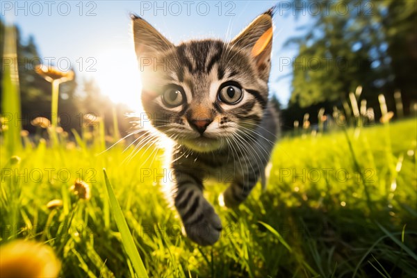 Playful Cute Kitten outdoors in Sunlit Grass. Kitten excitement and wonder as it explores the natural environment on a sunny day, AI generated