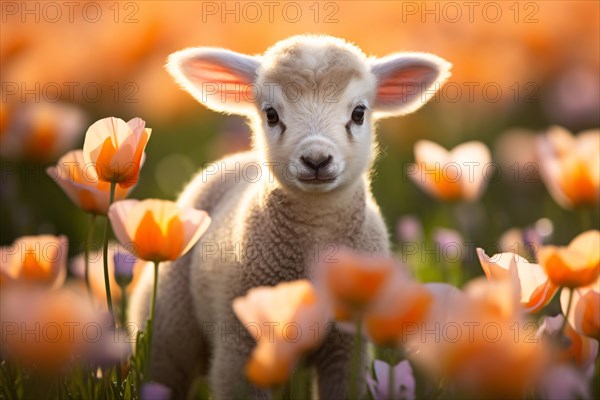 Young Easter lamb between spring flower. KI generiert, generiert AI generated