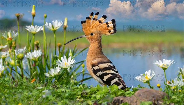 KI generated, animal, animals, bird, birds, biotope, habitat, a, individual, water, reeds, water lilies, blue sky, foraging, wildlife, hoopoe (Upupa epops), treehoppers, summer, flowers