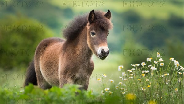 KI generated, animal, animals, mammal, mammals, biotope, habitat, one, individual animal, foraging, wildlife, meadow, pasture, Exmoor pony, horse, horses, ungulates, English pony breed, South West England, Exmoor, (Equus ferus caballus), foal, flower meadow