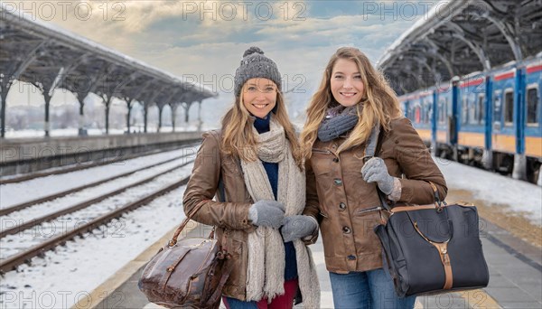 AI generated, Two young blonde woman want to travel and wait for the train at the station, 20, 25, blond, blonde, blonde, modern, noderne, aluminium suitcase, handbag, fur jacket, boots, sexy, attractive, attractive, long-haired, transport, traffic