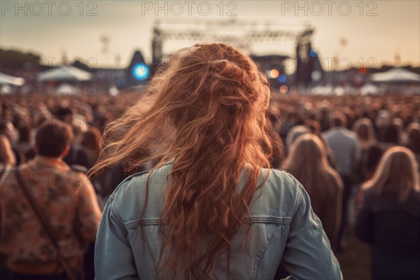 Back view of young woman with long red hair at open air music festival. KI generiert, generiert AI generated