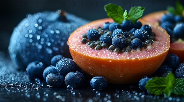 Dewy halved grapefruit topped with blueberries and mint leaves, ai generated, AI generated