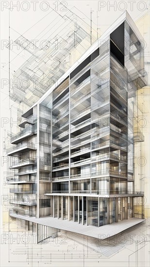 Transparent architectural rendering of a modern building, detailed in grayscale, vertical aspect ratio, off white background color AI generated