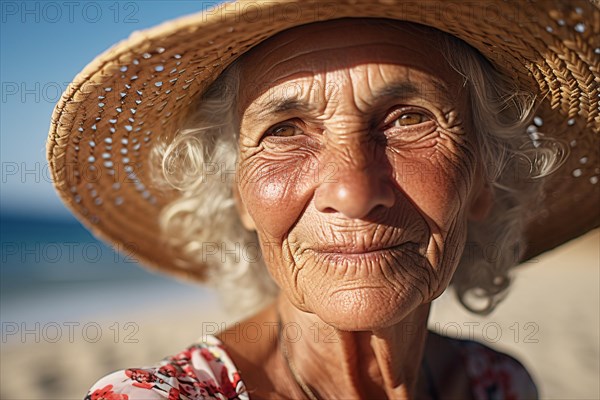 Elderly woman with wrinkled skin weraing summer straw hat at beach. KI generiert, generiert AI generated
