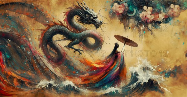 Dynamic abstract scene with a geisha under an umbrella and a dragon amidst swirling colors, shunga vintage japanese themed style art, AI generated