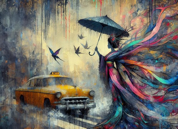 Painting of a woman holding an umbrella with birds flying around on a rainy city street, shunga vintage japanese themed style art, AI generated