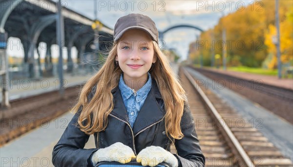 AI generated, A young blonde woman wants to travel and waits for the train at the station, 20, 25, blonde, blond, blonde, modern, modern, aluminium suitcase, handbag, fur jacket, white, sneakers, shoes, sexy, attractive, attractive, long-haired, transport, traffic