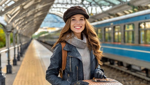 AI generated, A young blonde woman wants to travel and waits for the train at the station, 20, 25, blonde, blond, blonde, modern, modern, aluminium suitcase, handbag, fur jacket, white, sneakers, shoes, sexy, attractive, attractive, long-haired, transport, traffic