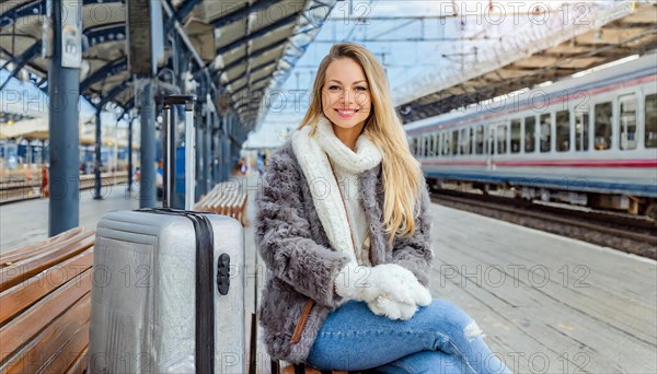 AI generated, A young blonde woman wants to travel and waits for the train at the station, 20, 25, blonde, blond, blonde, modern, modern, aluminium suitcase, handbag, fur jacket, white, sneakers, shoes, sexy, attractive, attractive, long-haired, transport, traffic