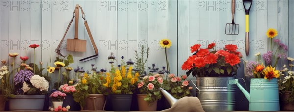 Gardening tools and seedlings on wooden table in greenhouse. Spring in the garden, AI generated
