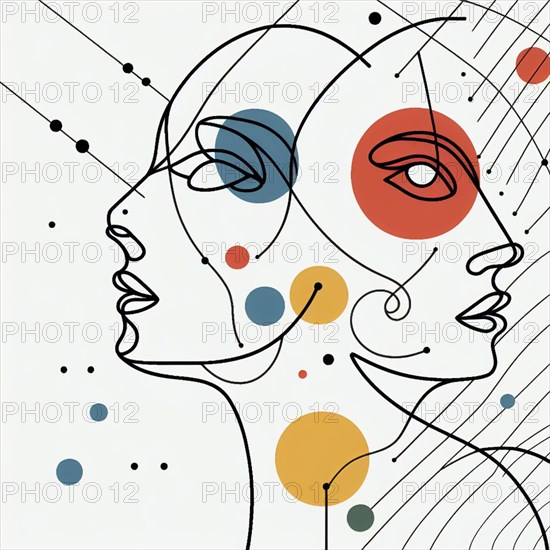 Abstract line art of two faces with primary colored geometric shapes on a white background, continuous line art, creature is stylized and simplified to the most basic geometric forms, exaggerated features, adorned with splashes of primary colors, clean white solid background, with subtle geometric shapes and thin, straight lines that intersect with dotted nodes and overlap the figures. The overall aesthetic is modern and contemporary, AI generated