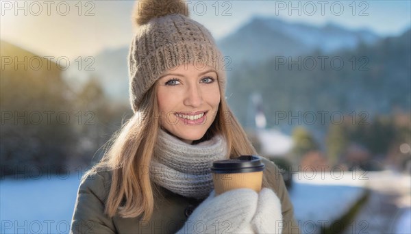 AI generated, human, humans, person, persons, woman, woman, one, coffee, coffee cup, coffee to go, outdoor, ice, snow, winter, seasons, drinks, drinking, cap, bobble hat, gloves, winter jacket, cold, cold weather