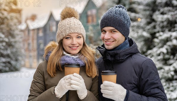 AI generated, human, humans, person, persons, man, woman, woman, 25, 30, years, couple, two persons, outdoor shot, ice, snow, winter, seasons, drinks, drinking, coffee to go, coffee, coffee mug, cap, bobble hat, gloves, winter jacket, cold, coldness