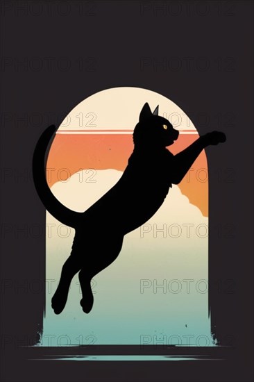A cat's silhouette in an archway with a tranquil sunset vista, minimalist vintage design muted faded, bright background, AI Generated, AI generated