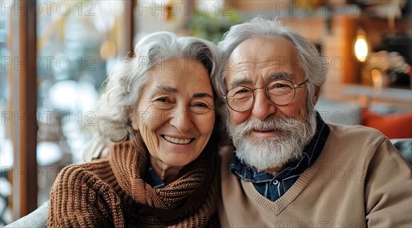 An elderly couple smiling warmly, dressed in cozy sweaters, radiating affection, ai generated, AI generated