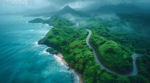Aerial view of a winding road along a foggy coastline with lush green cliffs and ocean, ai generated, AI generated