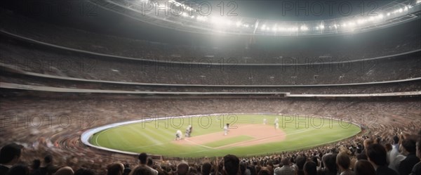 Motion-blurred view of a crowded stadium during a baseball game, horizontal wide aspect ratio, daylight, AI generated