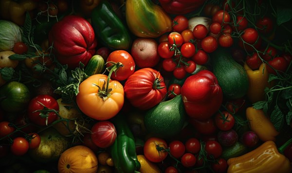 Variety of fresh vegetables background. Top view, flat lay AI generated