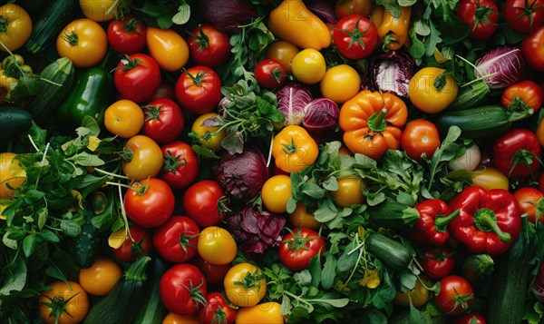 Variety of fresh vegetables background. Top view, flat lay AI generated