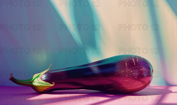 Purple eggplant on a colored background with a shadow from the sun. AI generated