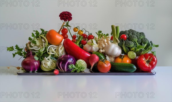 Vegetables in a tray on a white table in the kitchen. AI generated