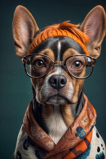Stylish chihuahua adult dog sporting trendy glasses and an orange bandana, over grey solid studio background, AI generated