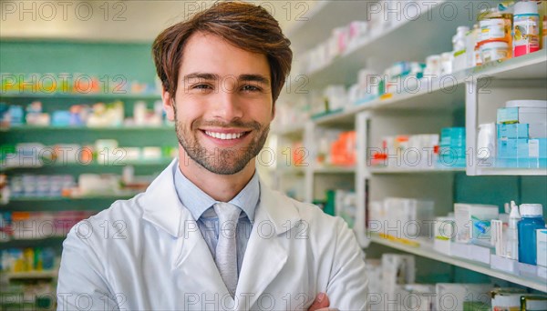 AI generated, A young pharmacist in his pharmacy, portrait, 30, 35, years, man, men, male, bearded, beautiful teeth, smiling, profession, professions, medicines in the background, a person