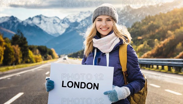 AI generated, human, humans, person, persons, woman, woman, one person, 20, 25, years, outdoor, seasons, cap, bobble hat, gloves, winter jacket, cold, cold, backpack, woman wants to travel, hitchhiking, hitchhiking, hitchhiking, road, motorway, sign saying London