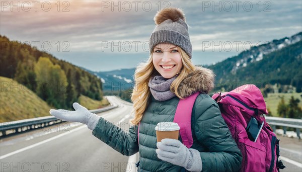 AI generated, human, humans, person, persons, woman, woman, one person, 20, 25, years, outdoor, seasons, cap, bobble hat, gloves, winter jacket, cold, cold, backpack, woman wants to travel, hitchhiking, hitchhiking, hitchhiking, road, motorway, coffee to go in hand, coffee, drink