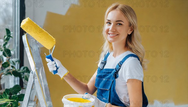 AI generated, woman, woman, a young girl paints a wall with new paint, yellow, yellow, renovation of old flat, paint roller, ladder, paint, 20, 25, years, one, one person, daughter, student, pastime, family, girl, smiling, smiling, fun at work, laughing, laughing, laughing, dungarees, jeans