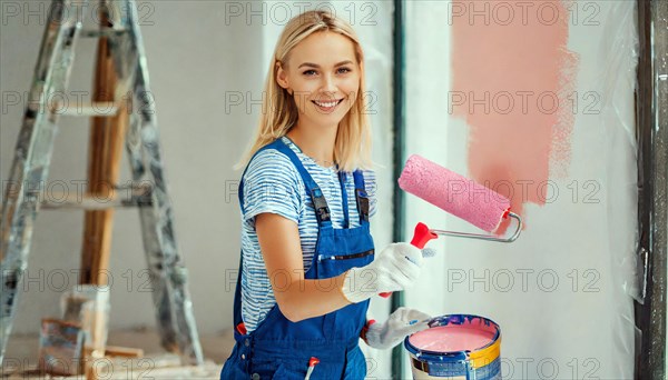 AI generated, woman, woman, a young girl paints a wall with new colour, pink, pink, renovation of old flat, paint roller, ladder, paint, 20, 25, years, one, one person, daughter, student, pastime, family, girl, smiling, smiling, fun at work, laughing, laughing, laughing, dungarees, jeans