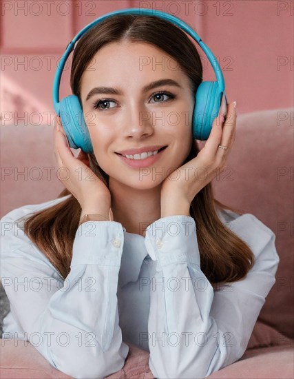 AI generated, human, humans, person, persons, woman, woman, girls, 20, 25, years, one person, interior shot, sitting on the sofa and listening to music with headphones, relaxed, relaxed, blue headphones, beautiful teeth, beautiful eyes, smiling, happy