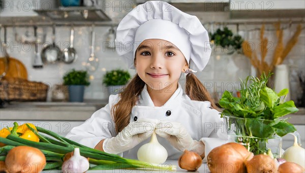 AI generated, human, humans, person, persons, child, children, 8 year old girl cutting onions in a white kitchen, chef hat, smock, cute, cute, beautiful eyes, beautiful teeth, cook, cook, kitchen table, vegetables, onions, garlic