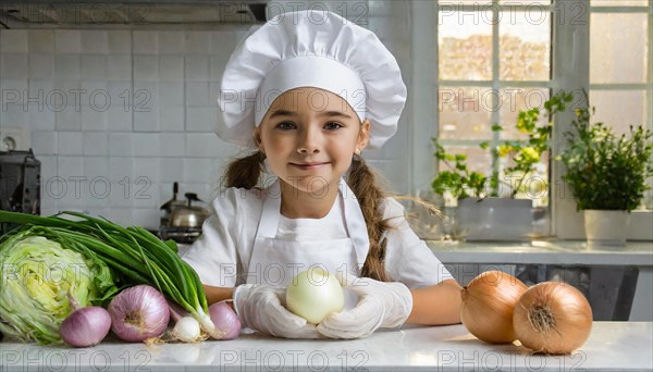 AI generated, human, humans, person, persons, child, children, 8 year old girl cutting onions in a white kitchen, chef hat, smock, cute, cute, beautiful eyes, beautiful teeth, cook, cook, kitchen table, vegetables, onions, garlic