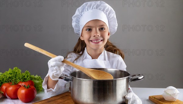 AI generated, human, humans, person, persons, child, children, 8 year old girl cooking a vegetable soup in a white kitchen, chef's hat, smock, cute, cute, cute, beautiful eyes, beautiful teeth, cook, cook, kitchen table, vegetables, onions, garlic