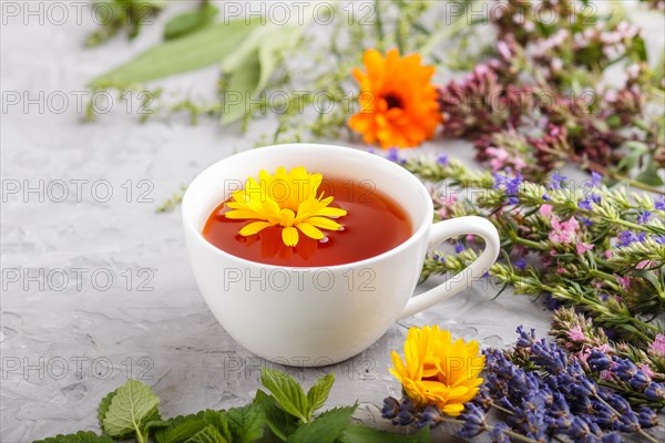 Cup of herbal tea with calendula, lavender, oregano, hyssop, mint and lemon balm on a gray concrete background. Morninig, spring, healthy drink concept. Side view, selective focus