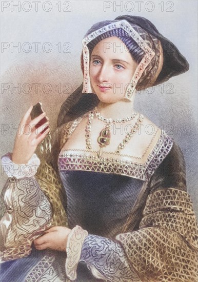 Jane Seymour, 1509-1537, third woman of Henry VIII of England. Engraved by P. Evles after J. W. Wright, from the book The Queens of England, Volume II by Sydney Wilmot. Published in London c. 1890, Historic, digitally restored reproduction from a 19th century original, Record date not stated