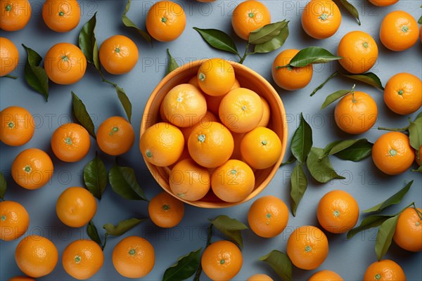 Top view of clementine fruits on blue background. KI generiert, generiert AI generated