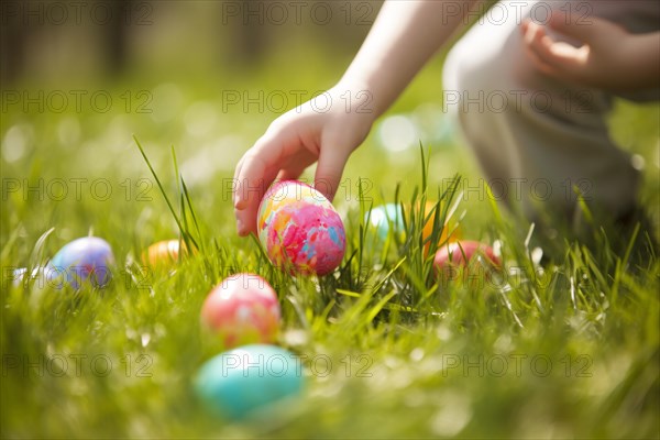 Child's hand picking up painted egg from grass during Easter egg hunt. KI generiert, generiert AI generated