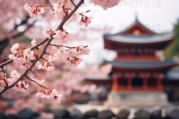 Tree branch with pink Japanese Sakura cherry blossom flowers and blurry red Asian temple building in background. KI generiert, generiert AI generated