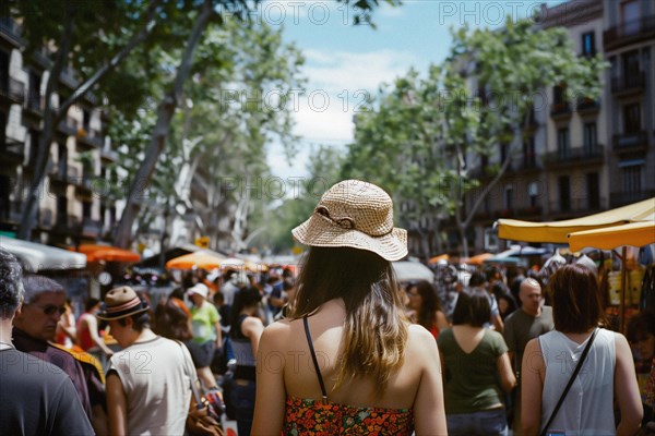 Tourist woman walking along Las Ramblas in Barcelona in Catalonia in Spain, AI generated